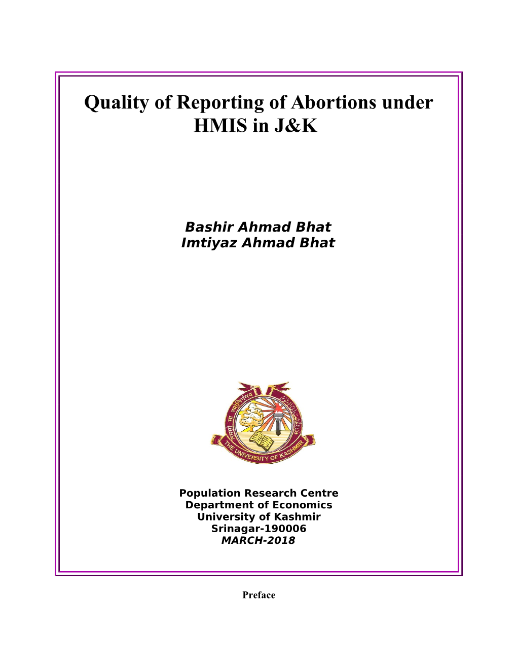 Quality of Reporting of Abortions Under HMIS in J&K