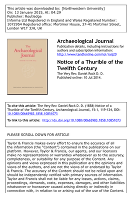 Archaeological Journal Notice of a Thurible of the Twelfth Century