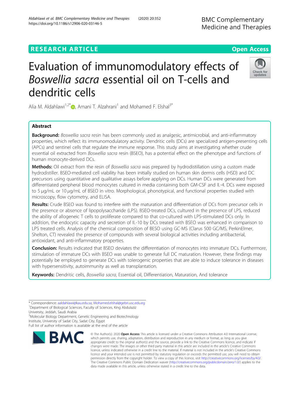 Evaluation of Immunomodulatory Effects of Boswellia Sacra Essential Oil on T-Cells and Dendritic Cells Alia M