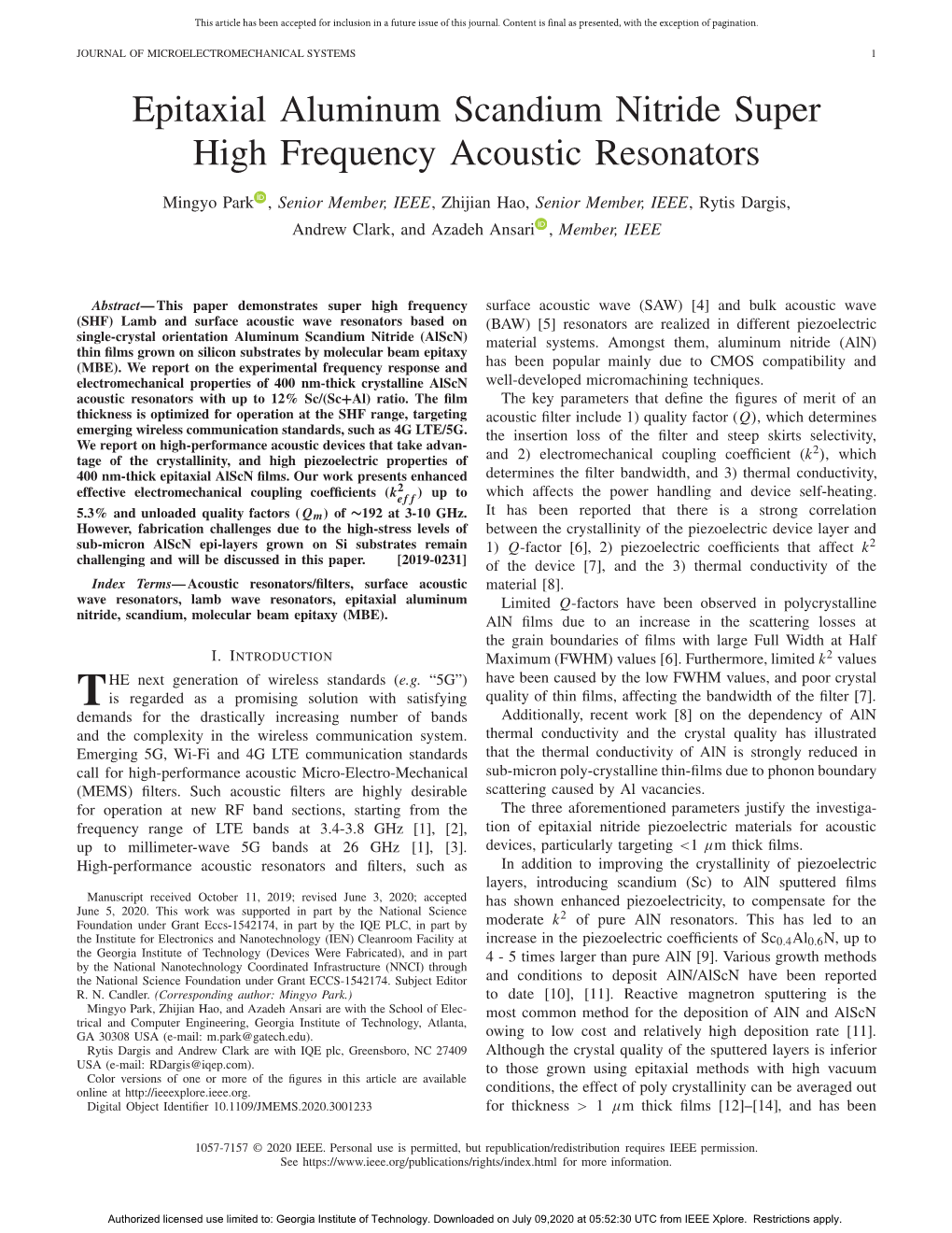 Epitaxial Aluminum Scandium Nitride Super High Frequency Acoustic Resonators