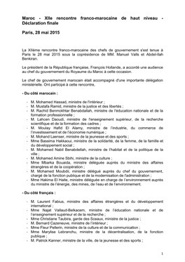 Xiie Rencontre Franco-Marocaine De Haut Niveau - Déclaration Finale