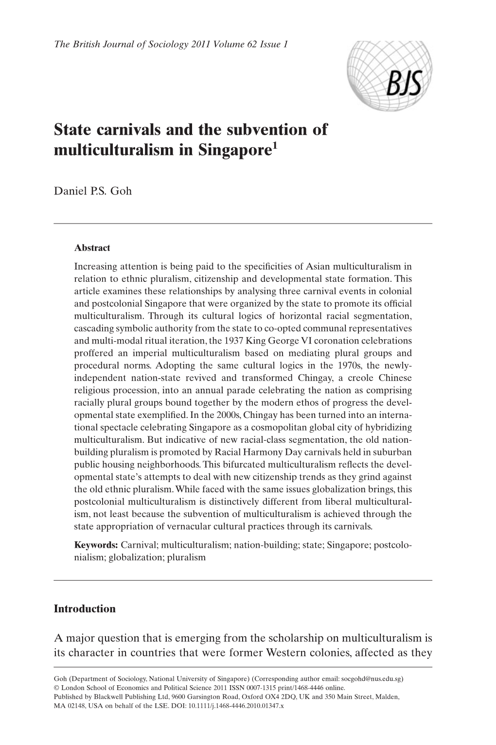 State Carnivals and the Subvention of Multiculturalism in Singapore1