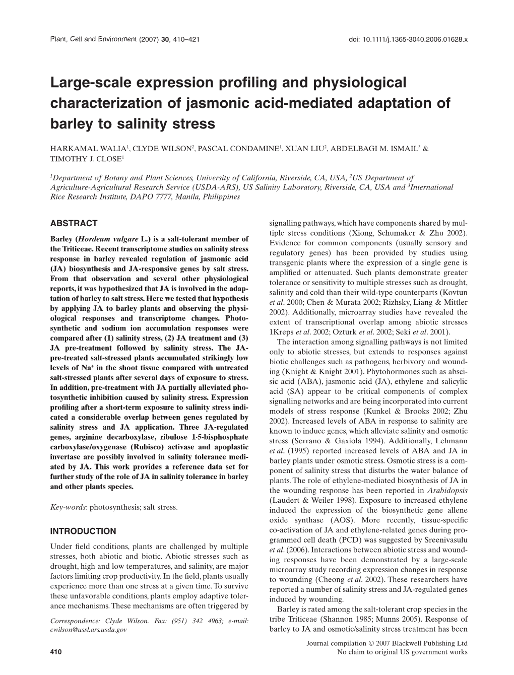 Large-Scale Expression Profiling and Physiological Characterization of Jasmonic Acid-Mediated Adaptation of Barley to Salinity S