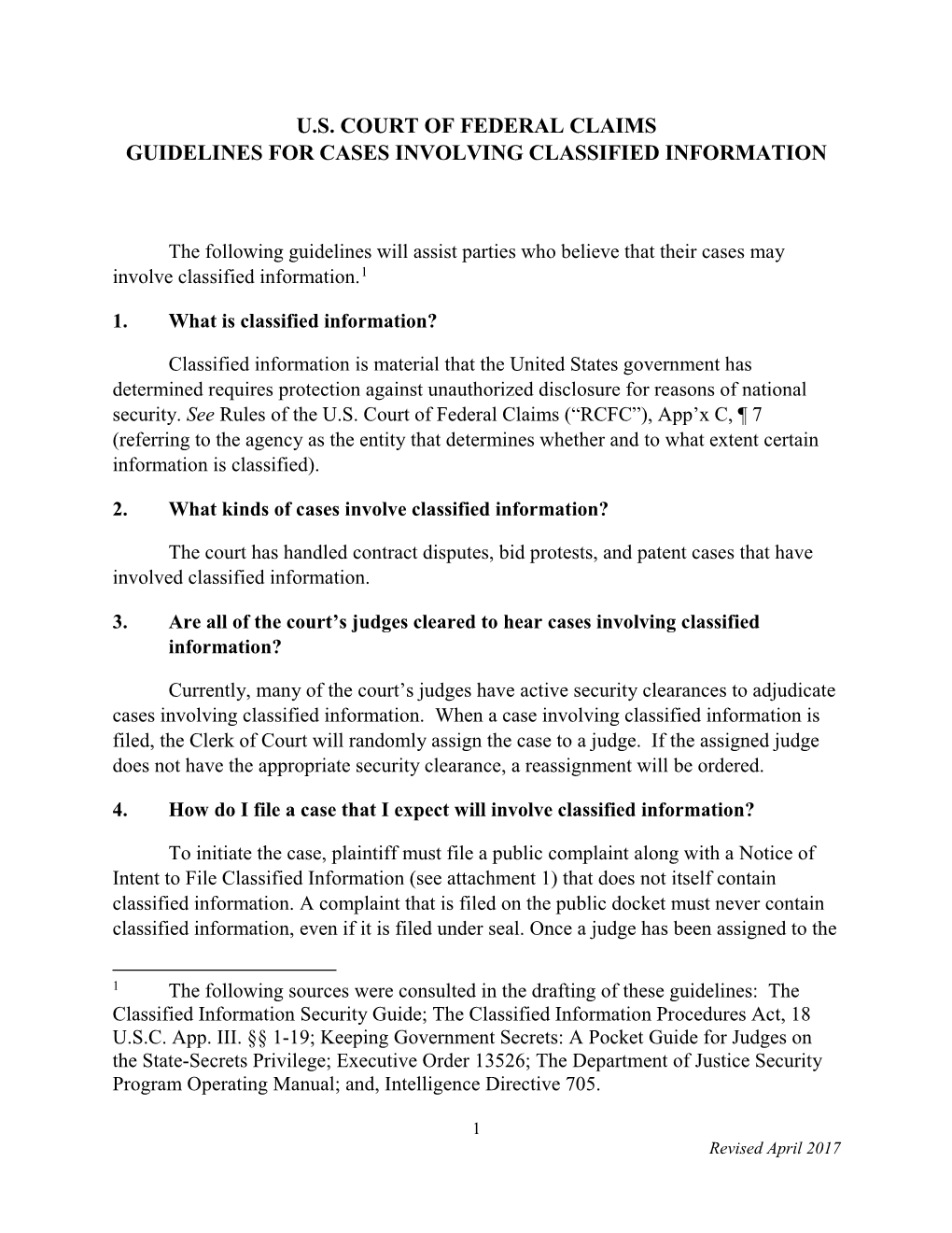 U.S. Court of Federal Claims Guidelines for Cases Involving Classified Information