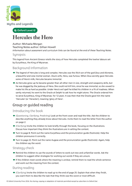 Hercules the Hero Hero the Hercules Morgan Author: Michaela Oxford Level 12 Oxford Level Myths and Legends Myths Treetops Owl