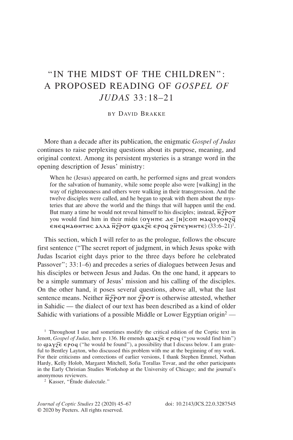 A Proposed Reading of Gospel of Judas 33:18–21