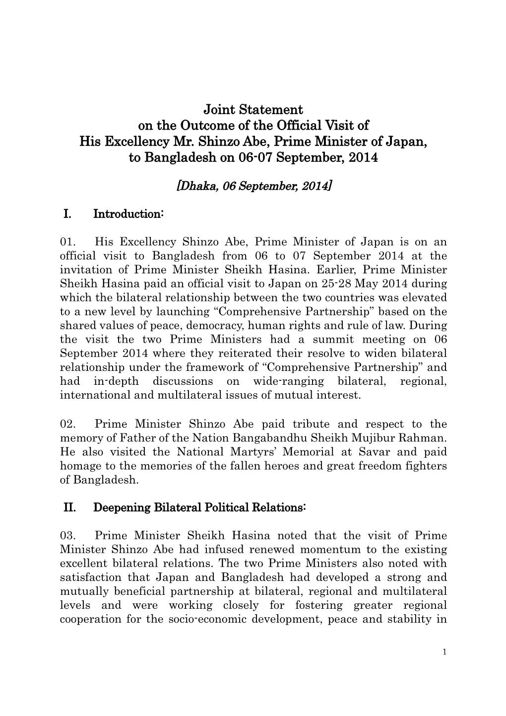 Japan-Bangladesh Joint Statement (September 2014) (PDF)