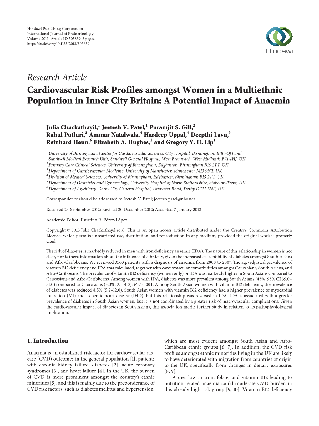 Cardiovascular Risk Profiles Amongst Women in a Multiethnic Population in Inner City Britain: a Potential Impact of Anaemia