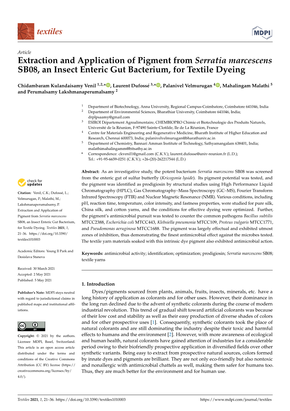 Extraction and Application of Pigment from Serratia Marcescens SB08, an Insect Enteric Gut Bacterium, for Textile Dyeing