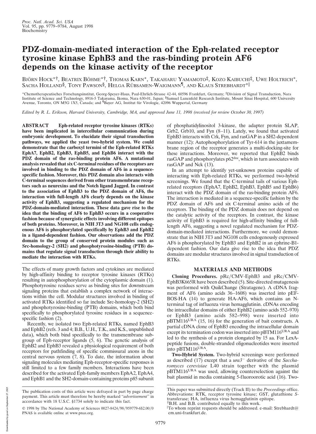 PDZ-Domain-Mediated Interaction of the Eph-Related Receptor Tyrosine Kinase Ephb3 and the Ras-Binding Protein AF6 Depends on the Kinase Activity of the Receptor