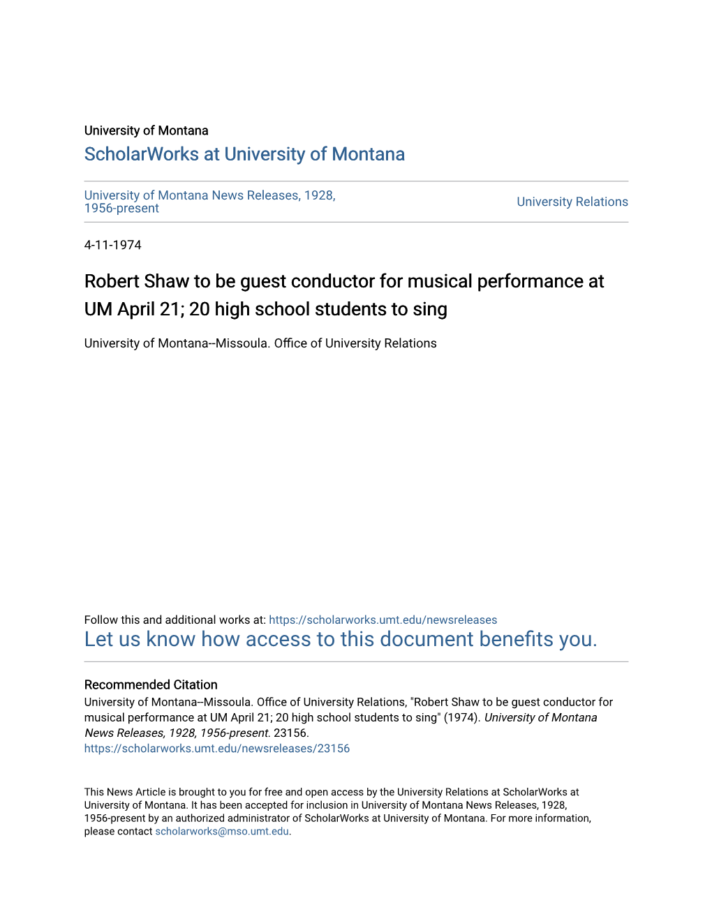 Robert Shaw to Be Guest Conductor for Musical Performance at UM April 21; 20 High School Students to Sing