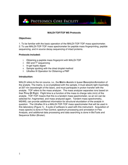 MALDI-TOF/TOF MS Protocols Objectives