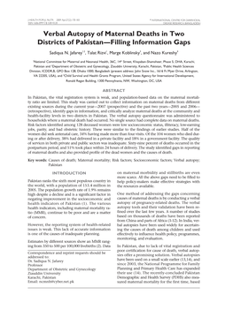 Verbal Autopsy of Maternal Deaths in Two Districts of Pakistan—Filling Information Gaps