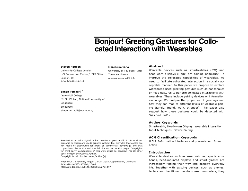 Bonjour! Greeting Gestures for Collo- Cated Interaction with Wearables