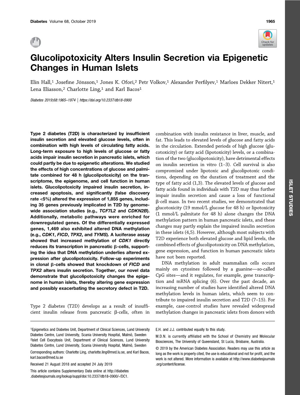 Glucolipotoxicity Alters Insulin Secretion Via Epigenetic Changes in Human Islets