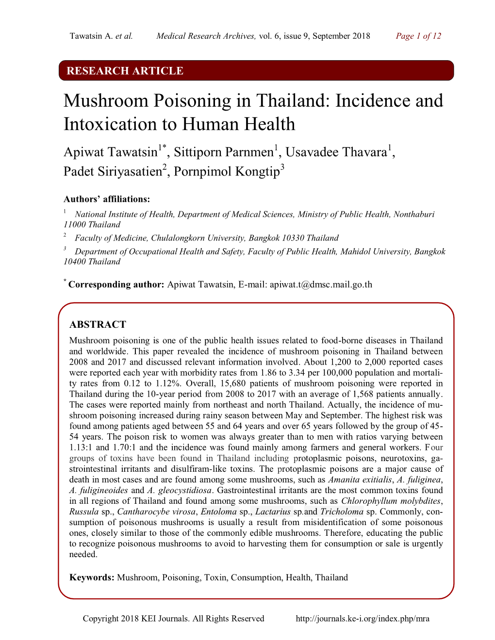 Mushroom Poisoning in Thailand: Incidence and Intoxication To