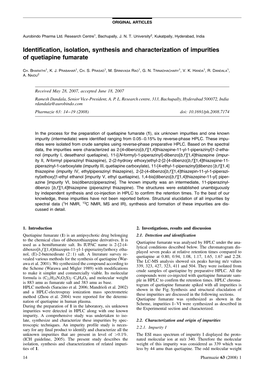 Identification, Isolation, Synthesis and Characterization of Impurities of Quetiapine Fumarate