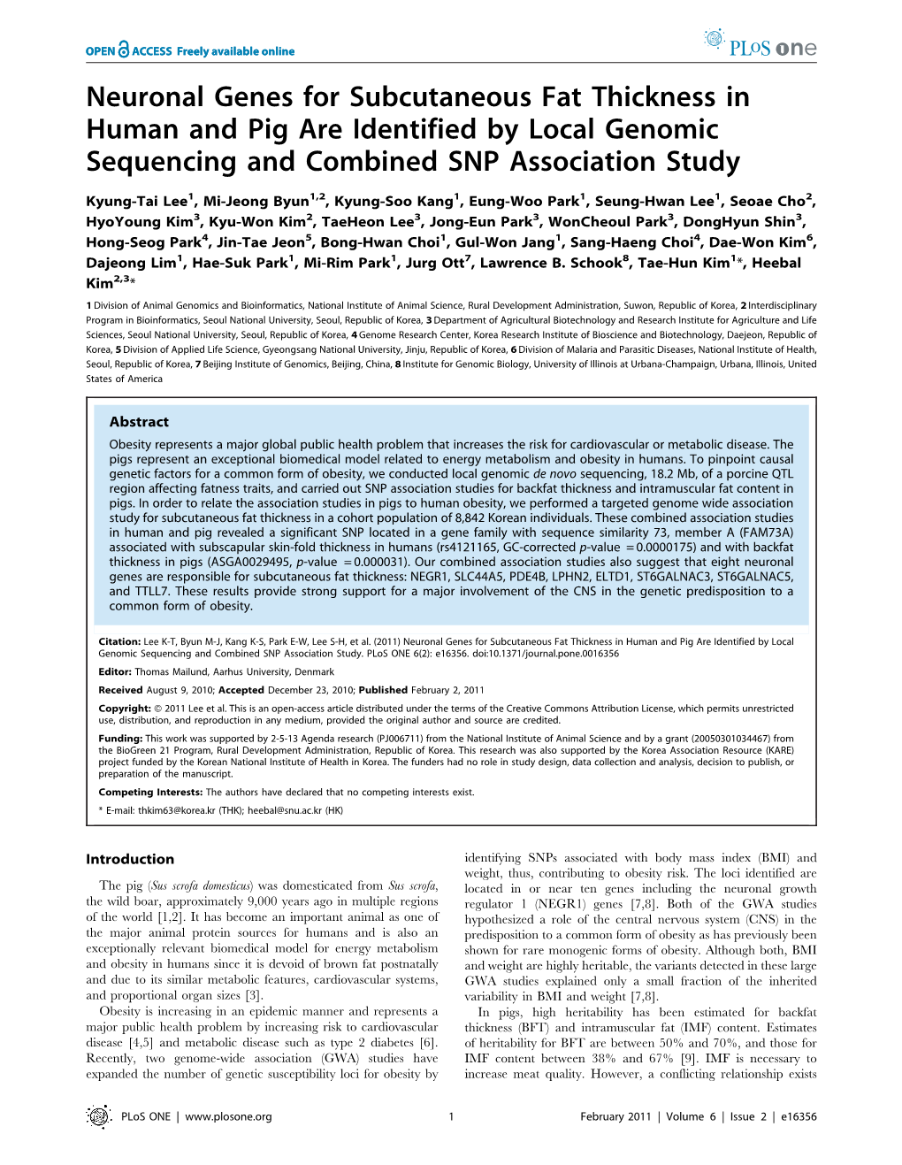 Neuronal Genes for Subcutaneous Fat Thickness in Human and Pig Are Identified by Local Genomic Sequencing and Combined SNP Association Study