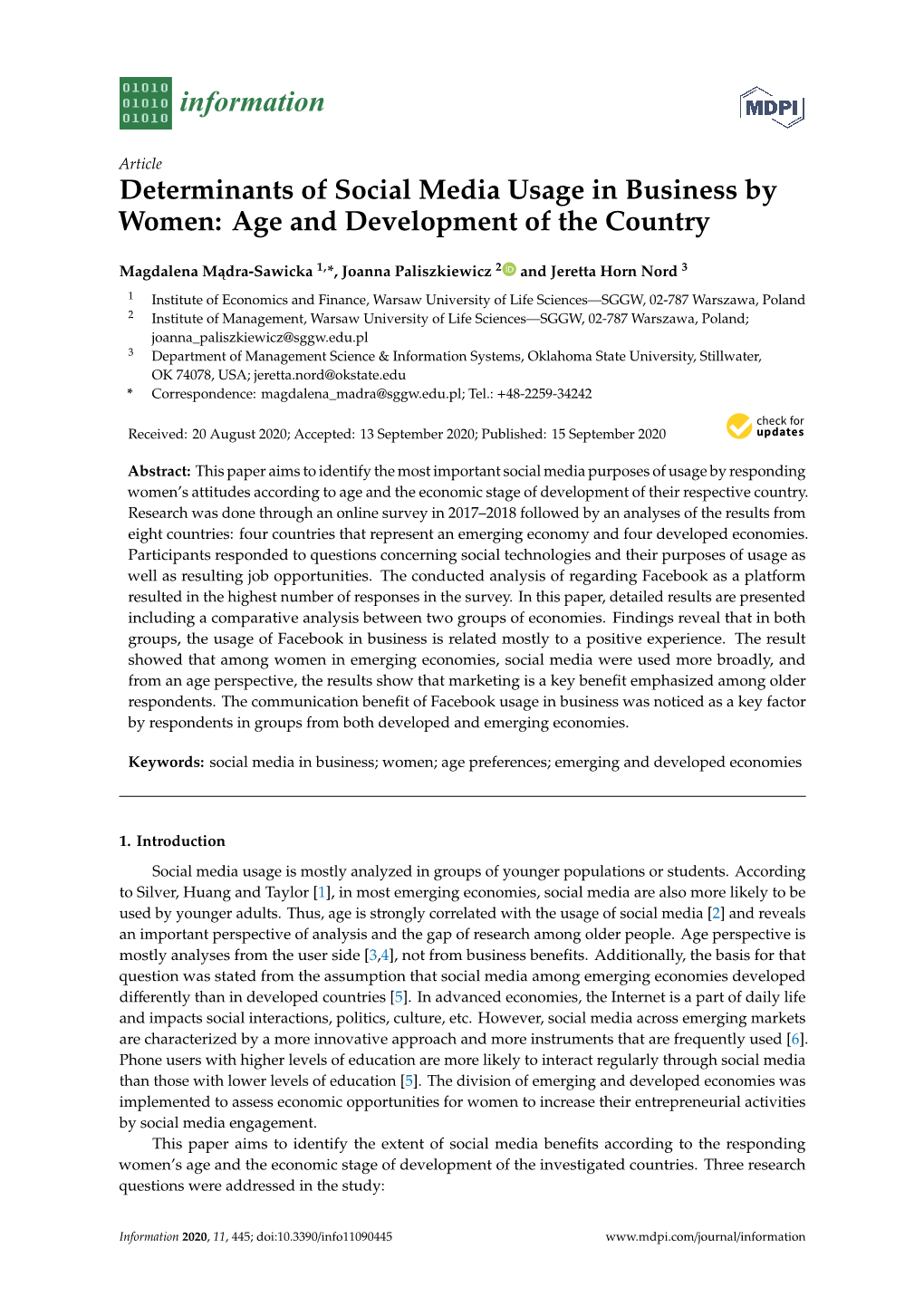 Determinants of Social Media Usage in Business by Women: Age and Development of the Country