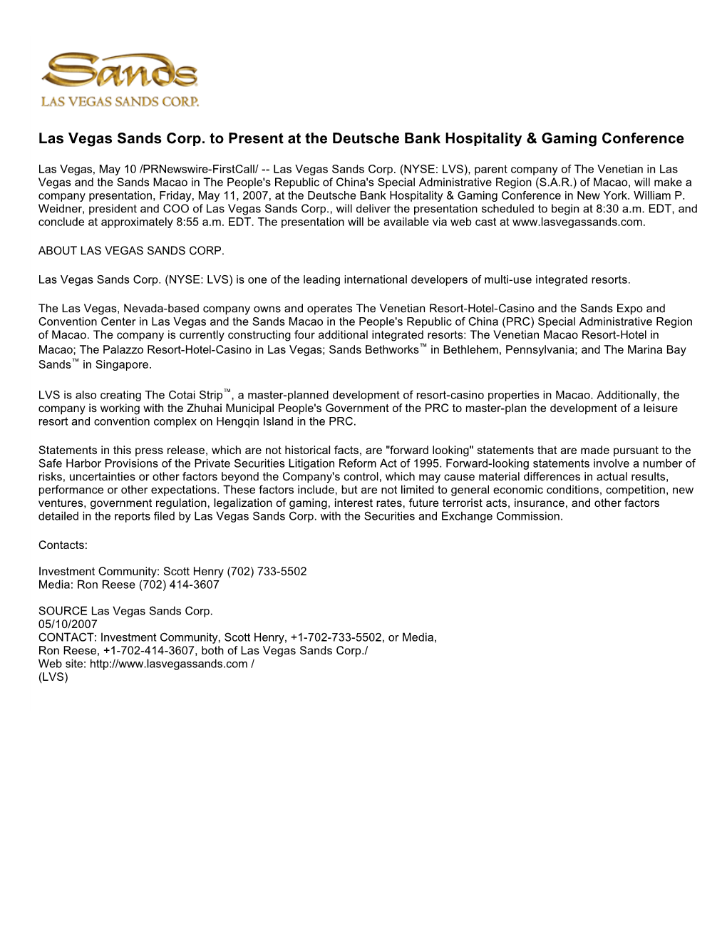 Las Vegas Sands Corp. to Present at the Deutsche Bank Hospitality & Gaming Conference