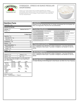 CRISCO 48 OUNCE REGULAR SHORTENING Nutrition Facts