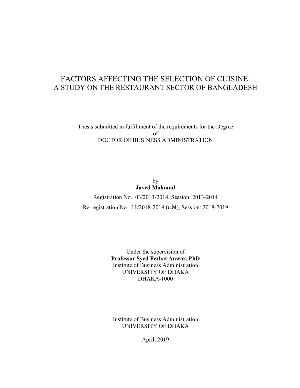 Factors Affecting the Selection of Cuisine: a Study on the Restaurant Sector of Bangladesh