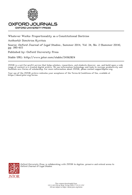 Proportionality As a Constitutional Doctrine Author(S): Dimitrios Kyritsis Source: Oxford Journal of Legal Studies , Summer 2014, Vol