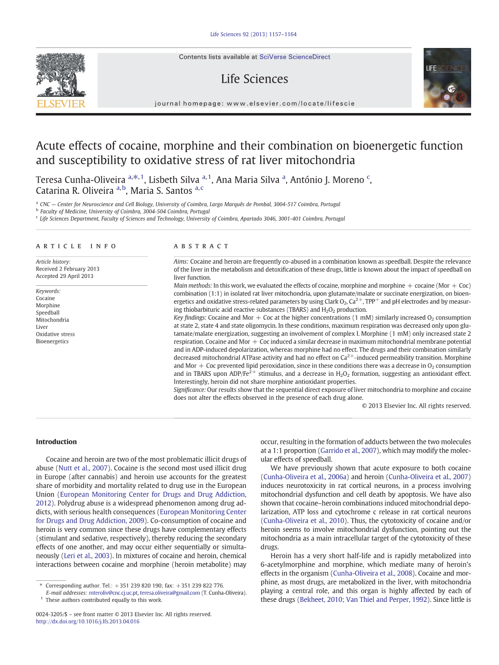 Acute Effects of Cocaine, Morphine and Their Combination on Bioenergetic Function and Susceptibility to Oxidative Stress of Rat Liver Mitochondria