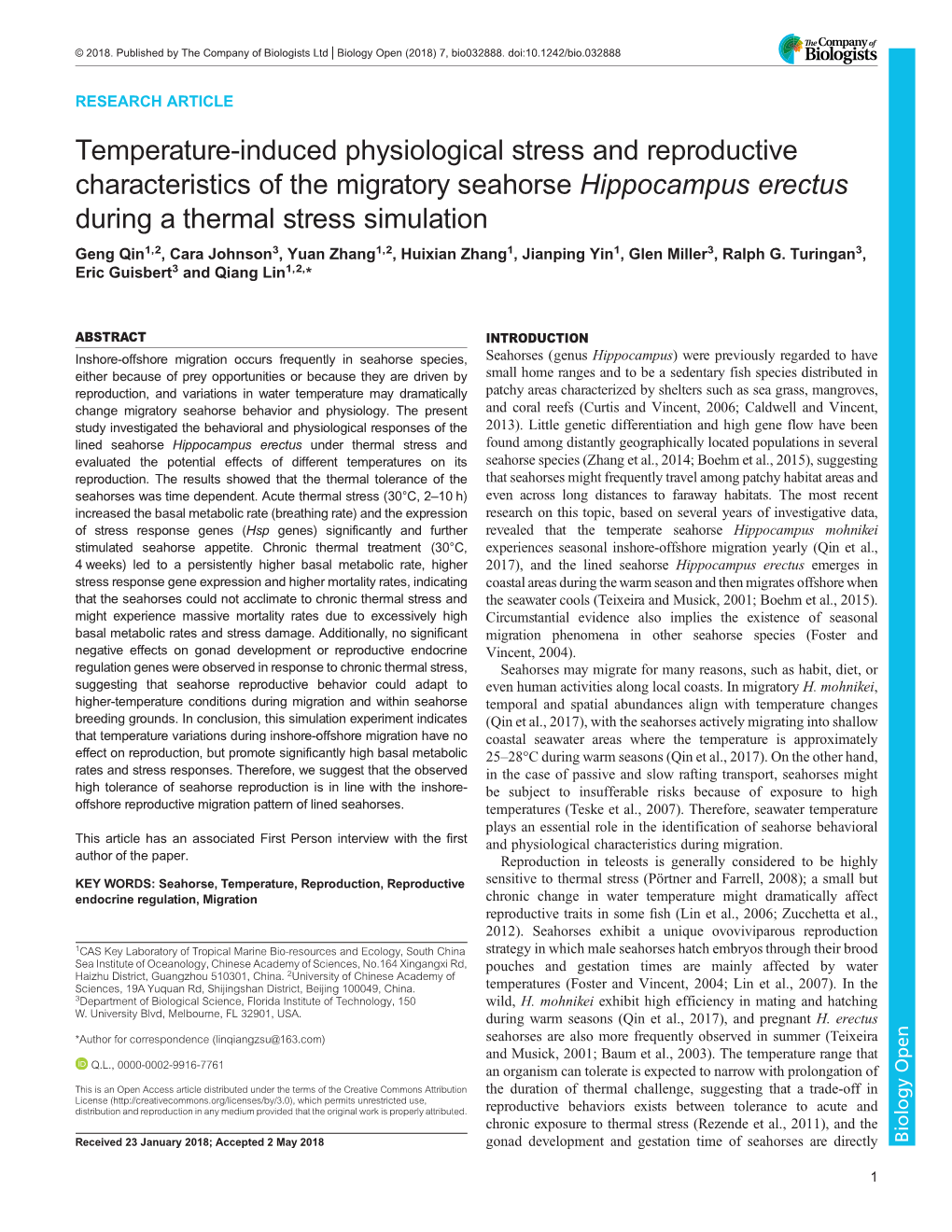 Temperature-Induced Physiological Stress and Reproductive Characteristics of the Migratory Seahorse Hippocampus Erectus During A