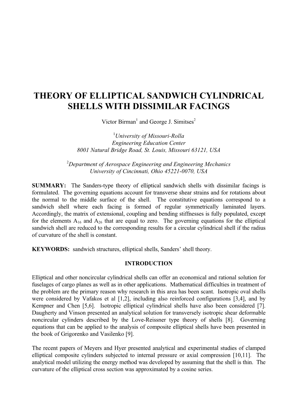 Theory of Elliptical Sandwich Cylindrical Shells with Dissimilar Facings