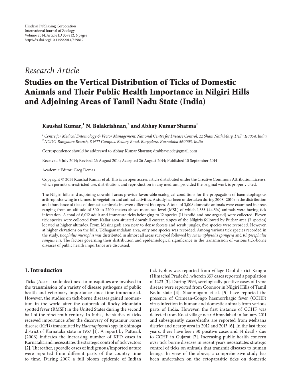 Studies on the Vertical Distribution of Ticks of Domestic Animals and Their Public Health Importance in Nilgiri Hills and Adjoining Areas of Tamil Nadu State (India)