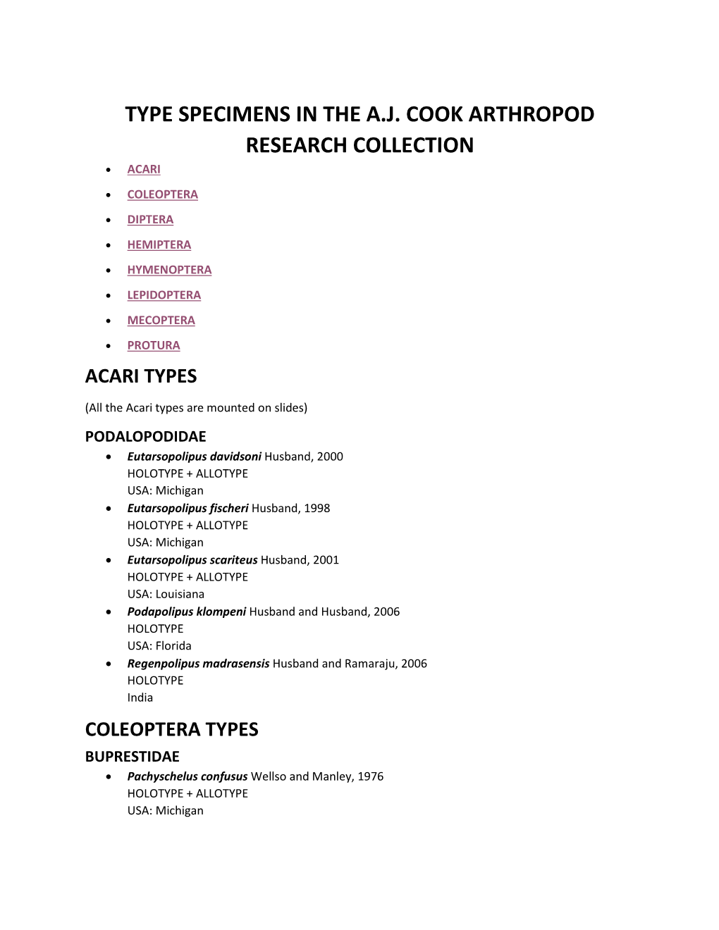 Type Specimens in the A.J. Cook Arthropod Research Collection  Acari