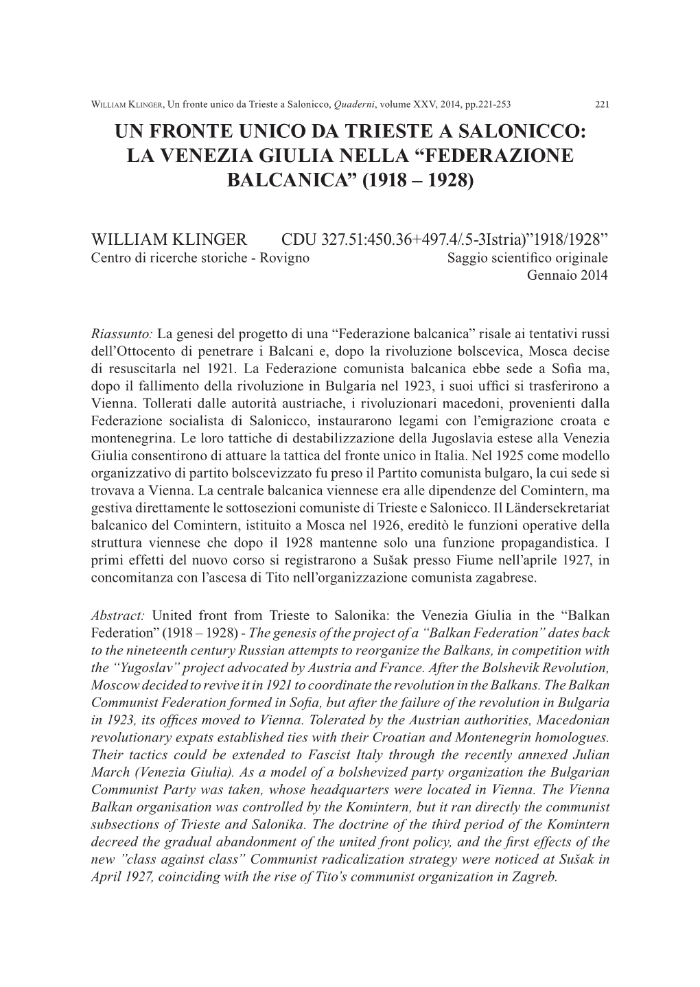 Federazione Balcanica” (1918 – 1928)