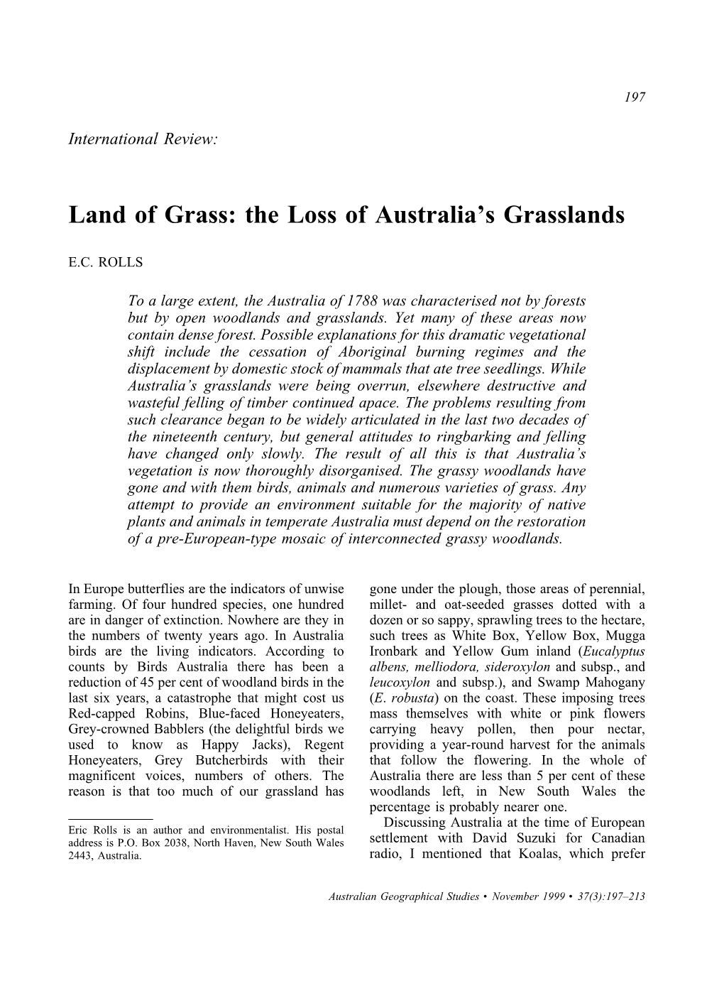 Land of Grass: the Loss of Australia's Grasslands