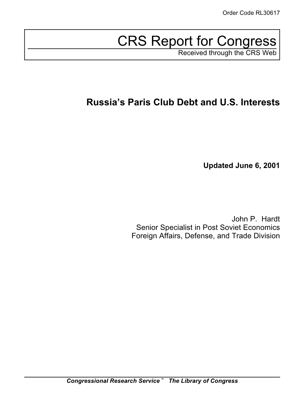 Russia's Paris Club Debt and U.S. Interests