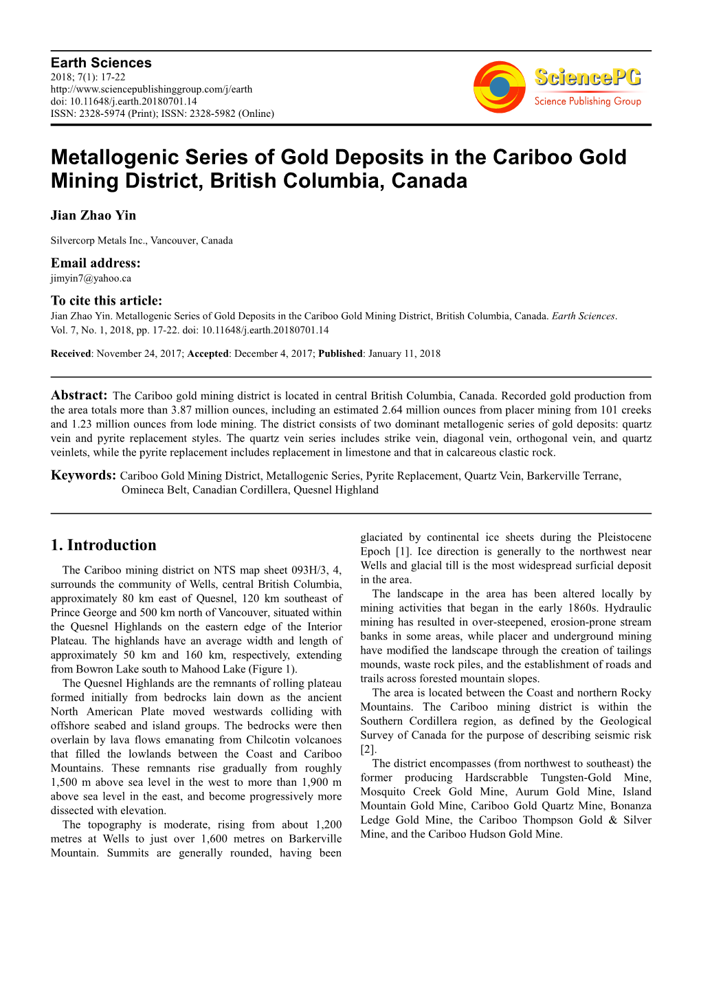 Metallogenic Series of Gold Deposits in the Cariboo Gold Mining District, British Columbia, Canada