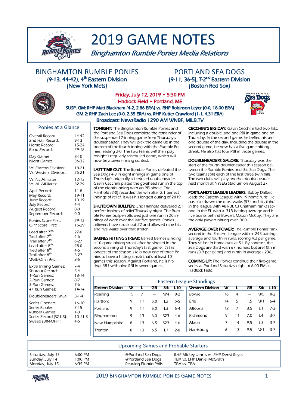 2019 GAME NOTES Binghamton Rumble Ponies Media Relations