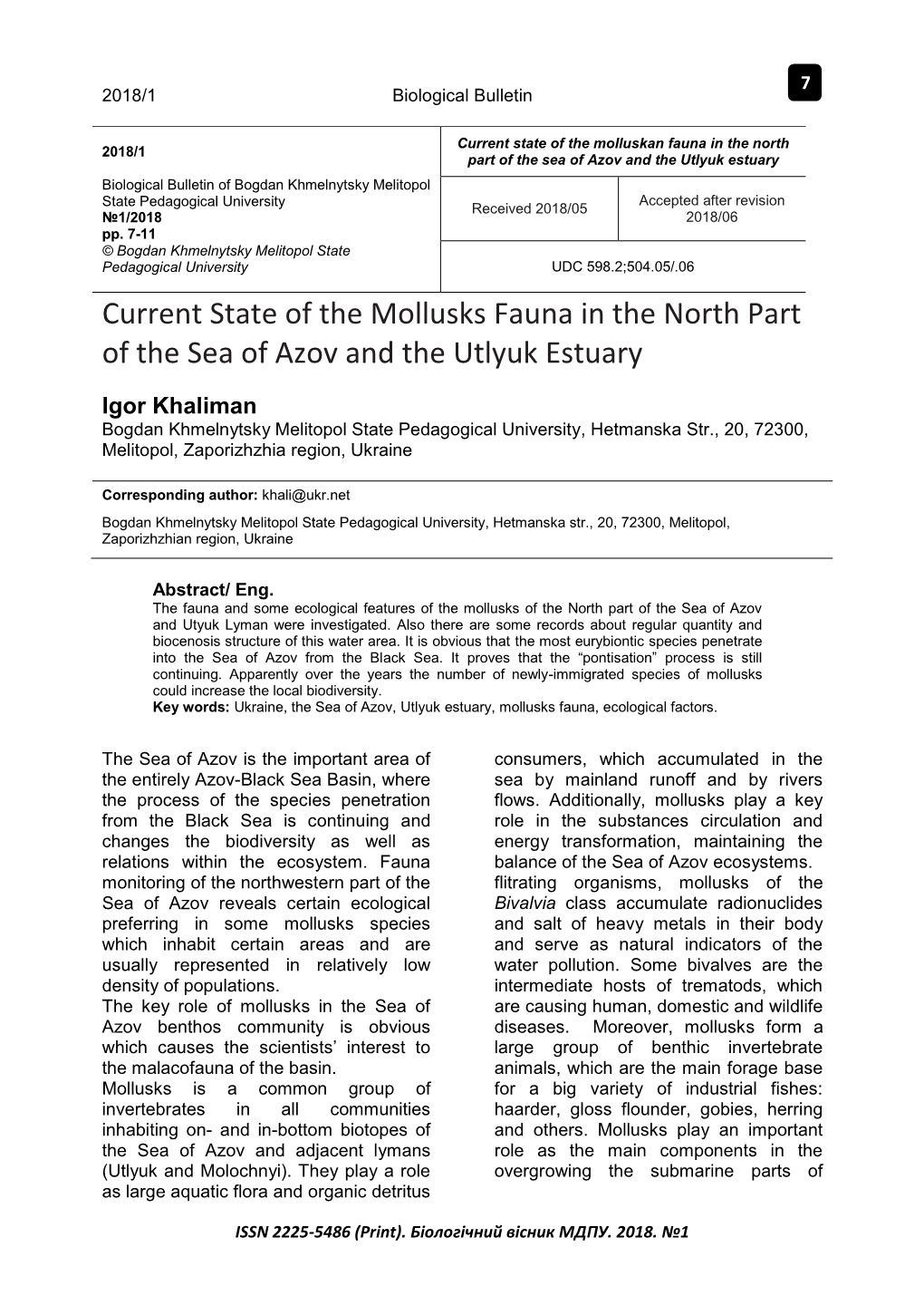 Сurrent State of the Mollusks Fauna in the North Part of the Sea of Azov and the Utlyuk Estuary