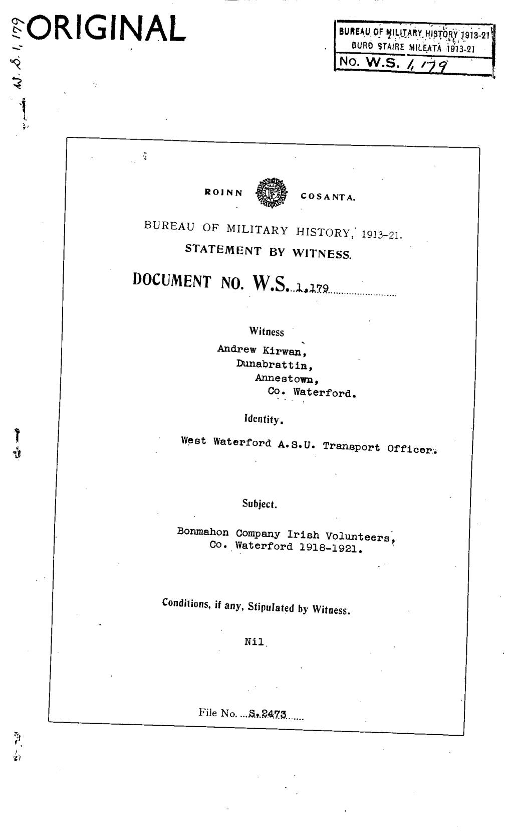 Original Bureauofmilitaryhistory1913-21 Burostairemileata1913-21 No. W.S. 1,179 Roinn Cosanta Bureau of Military History, 1913-2