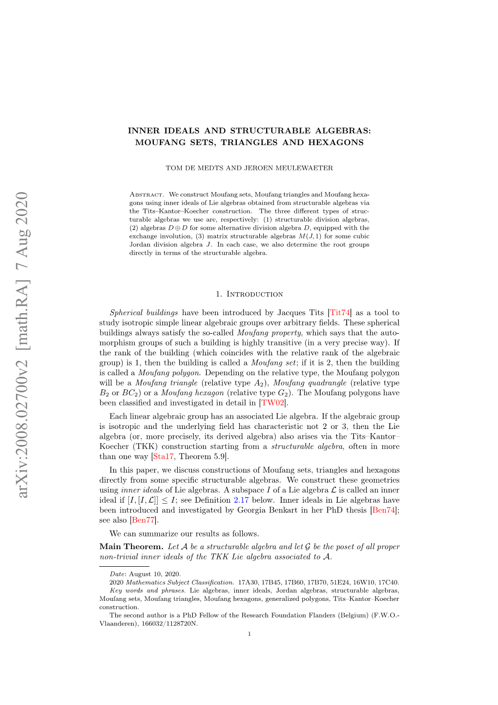 Arxiv:2008.02700V2 [Math.RA] 7 Aug 2020 Da If Ideal Encasﬁdadivsiae Ndti N[ in Detail in Investigated and Classiﬁed Been B Antheorem