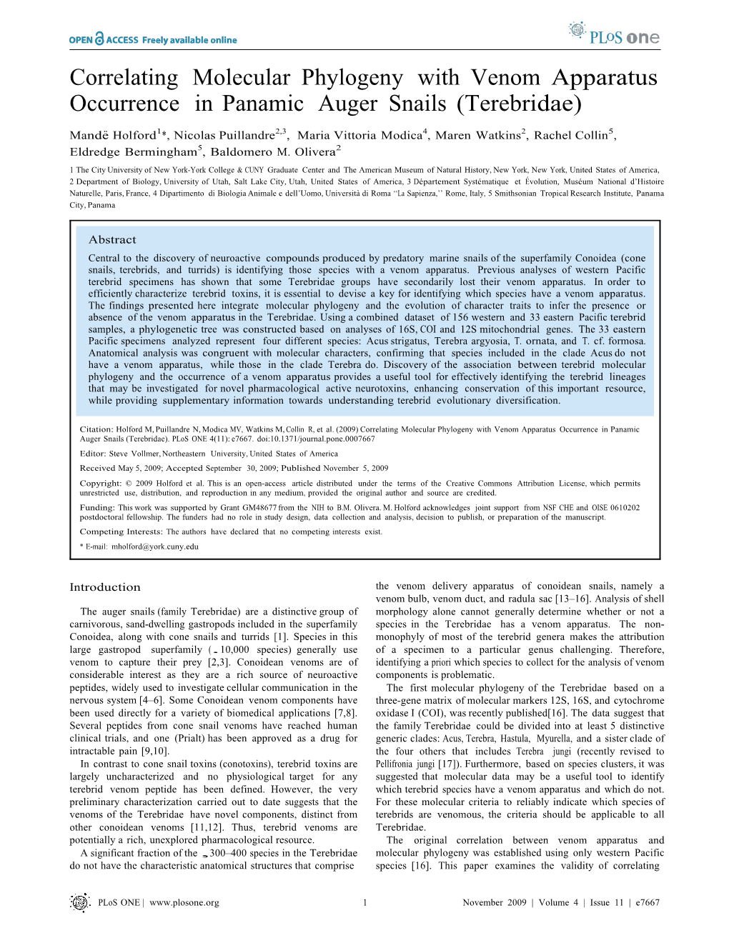 Correlating Molecular Phylogeny with Venom Apparatus Occurrence in Panamic Auger Snails (Terebridae)