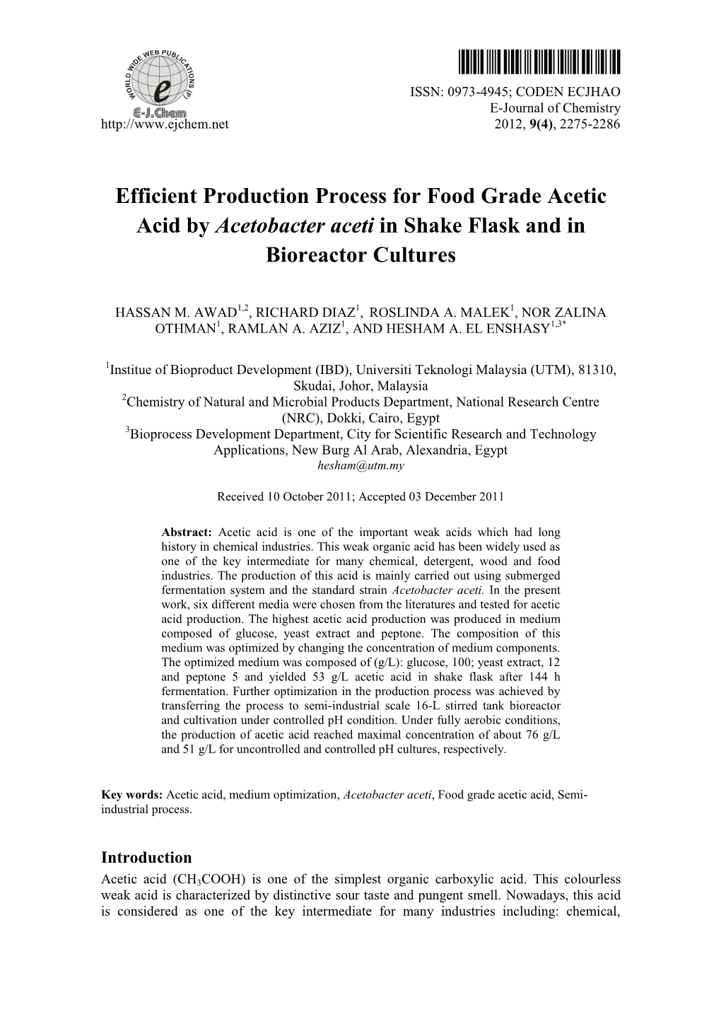 Efficient Production Process for Food Grade Acetic Acid by Acetobacter Aceti in Shake Flask and in Bioreactor Cultures