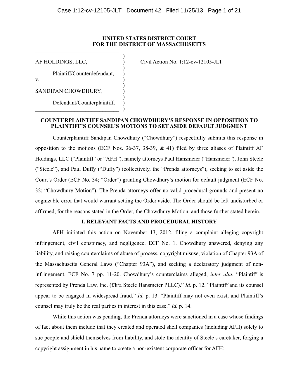 Case 1:12-Cv-12105-JLT Document 42 Filed 11/25/13 Page 1 of 21