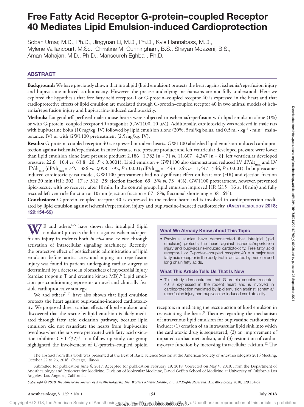 Free Fatty Acid Receptor G-Protein–Coupled Receptor 40 Mediates Lipid Emulsion-Induced Cardioprotection