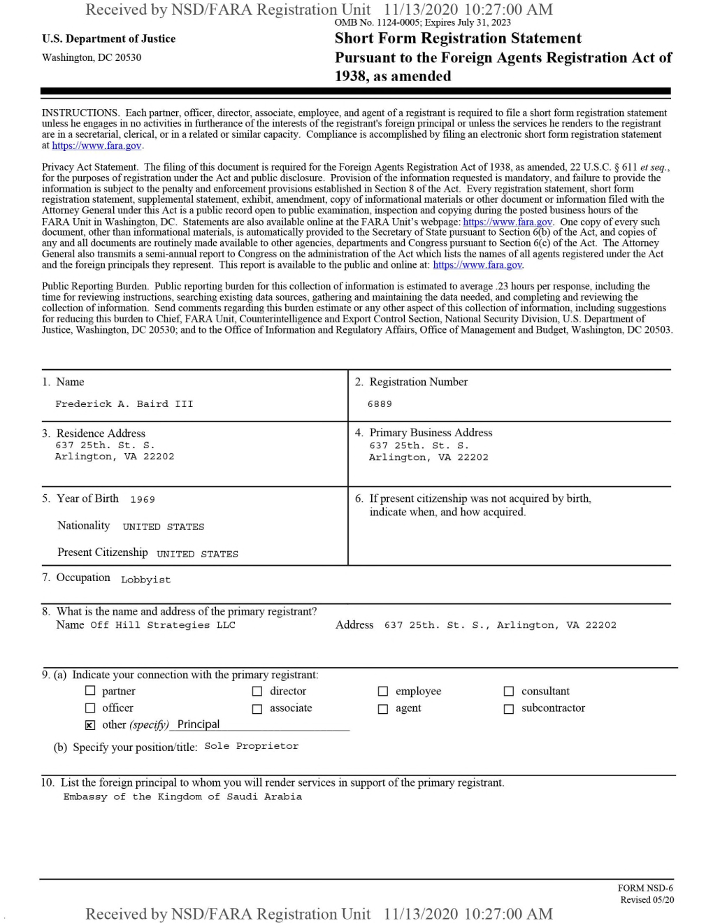 Received by NSD/FARA Registration Unit 11/13/2020 10:27:00 AM OMB No