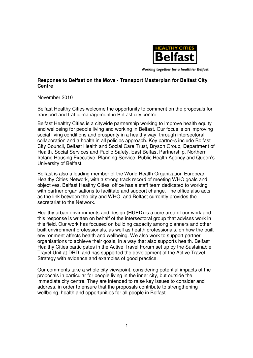 Response to Belfast on the Move - Transport Masterplan for Belfast City Centre