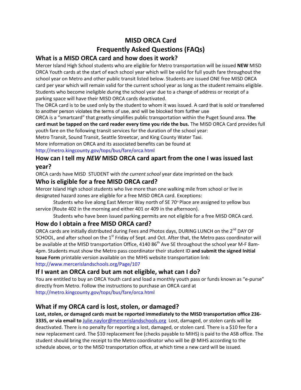 MISD ORCA Card Frequently Asked Questions (Faqs)