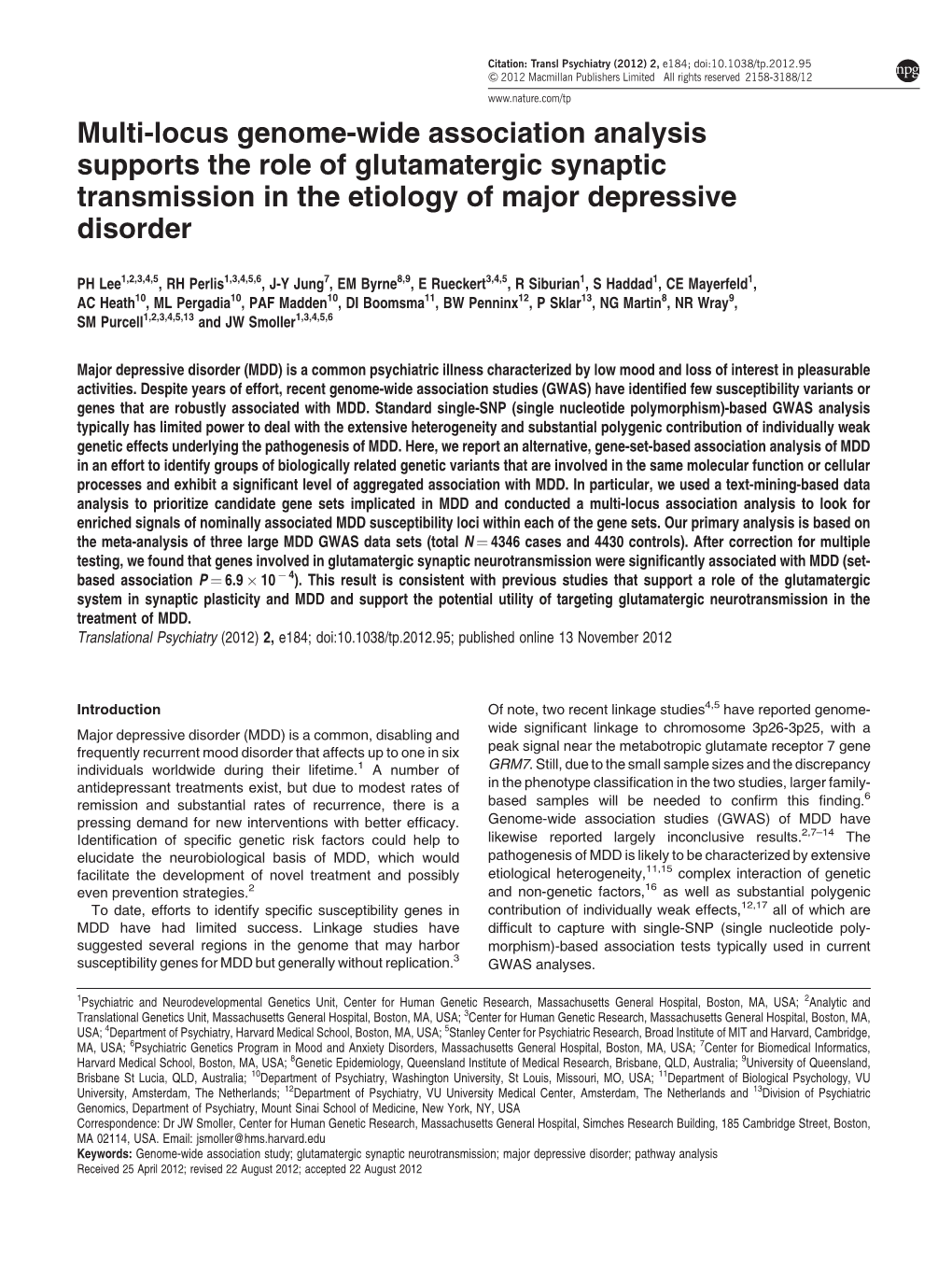 Multi-Locus Genome-Wide Association Analysis Supports the Role of Glutamatergic Synaptic Transmission in the Etiology of Major Depressive Disorder