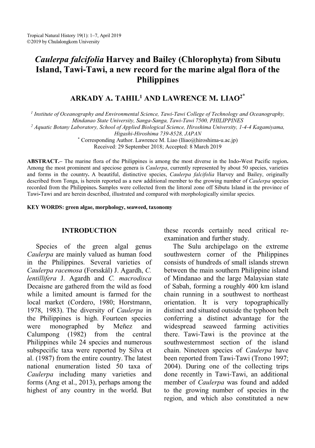 Caulerpa Falcifolia Harvey and Bailey (Chlorophyta) from Sibutu Island, Tawi-Tawi, a New Record for the Marine Algal Flora of the Philippines