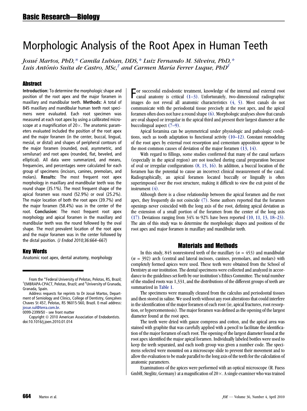 Morphologic Analysis of the Root Apex in Human Teeth Josue´ Martos, Phd,* Camila Lubian, DDS,* Luiz Fernando M